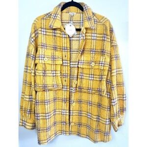 En Crème Women's S Sherpa Shacket Jacket Plaid Oversized Mustard Indie Sleeze